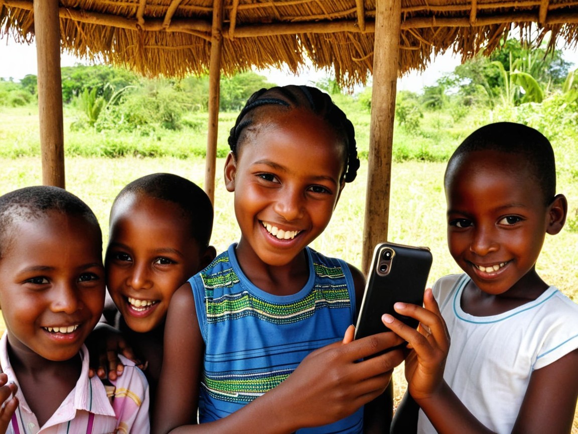 Cheerful children under a thatched hut in nature