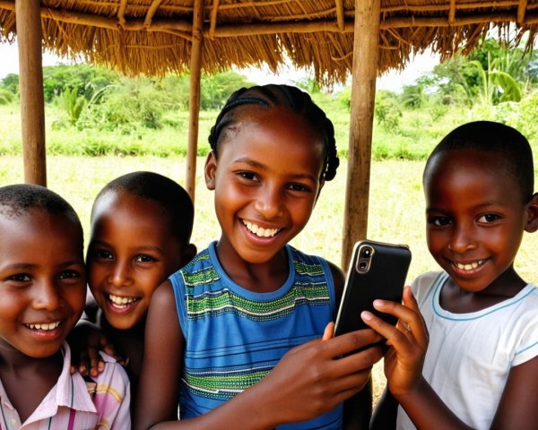 Cheerful children under a thatched hut in nature