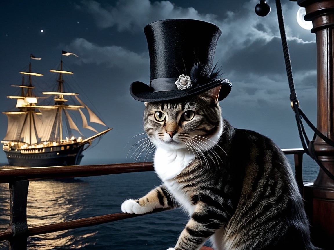 Dapper Cat in Top Hat on Ship Deck Under Moonlight