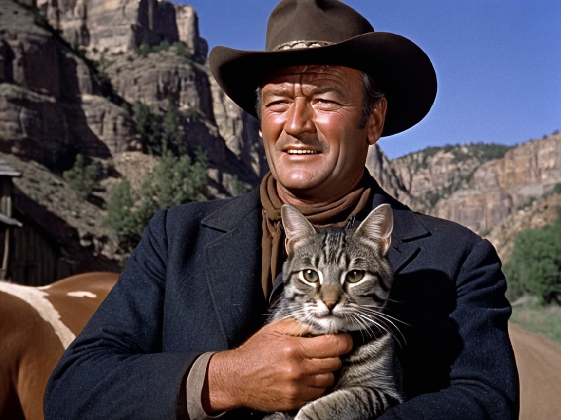 Cowboy in Western Landscape with Cat and Rock Formations
