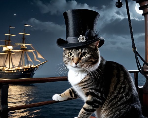 Dapper Cat in Top Hat on Ship Deck Under Moonlight