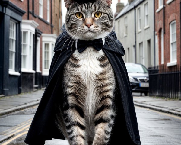Dapper Cat in Cape and Top Hat on Cobblestone Street