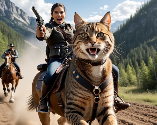 Rider on Cat in Dusty Landscape with Cowboy Follower