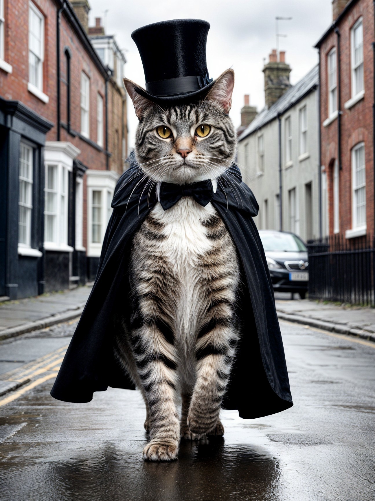 Dapper Cat in Cape and Top Hat on Cobblestone Street