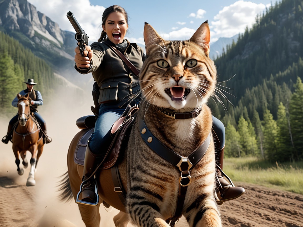 Rider on Cat in Dusty Landscape with Cowboy Follower