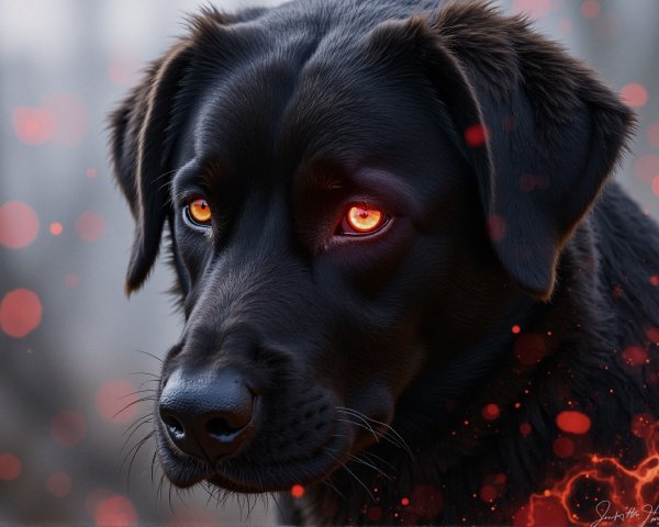 Close-up of a black dog with golden-orange eyes