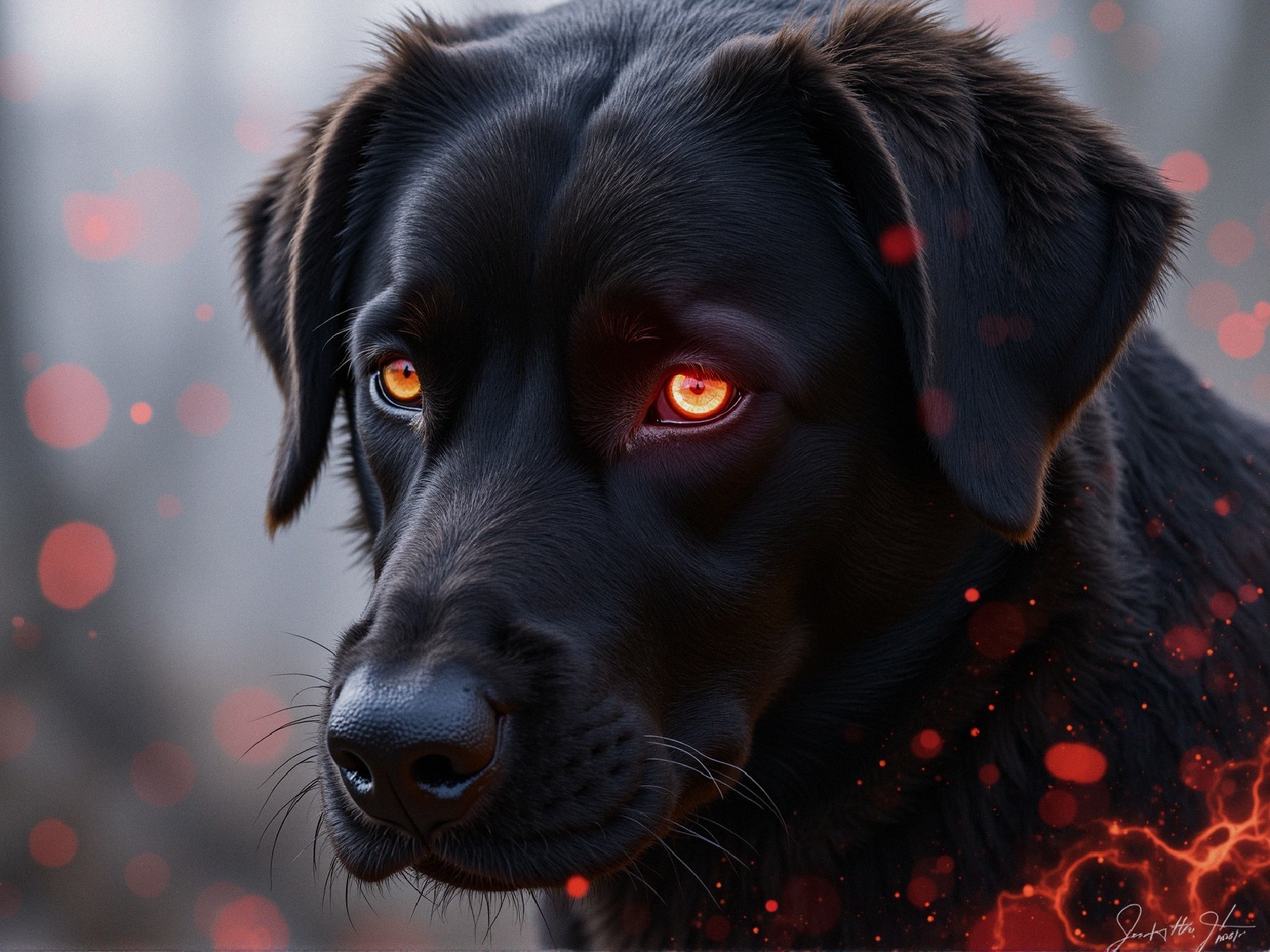 Close-up of a black dog with golden-orange eyes