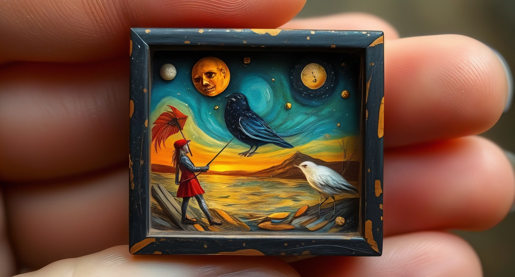 Miniature Scene of Figure with Umbrella by Shore