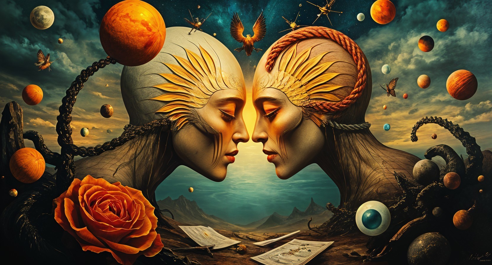 Humanoid Figures in Surreal Celestial Landscape