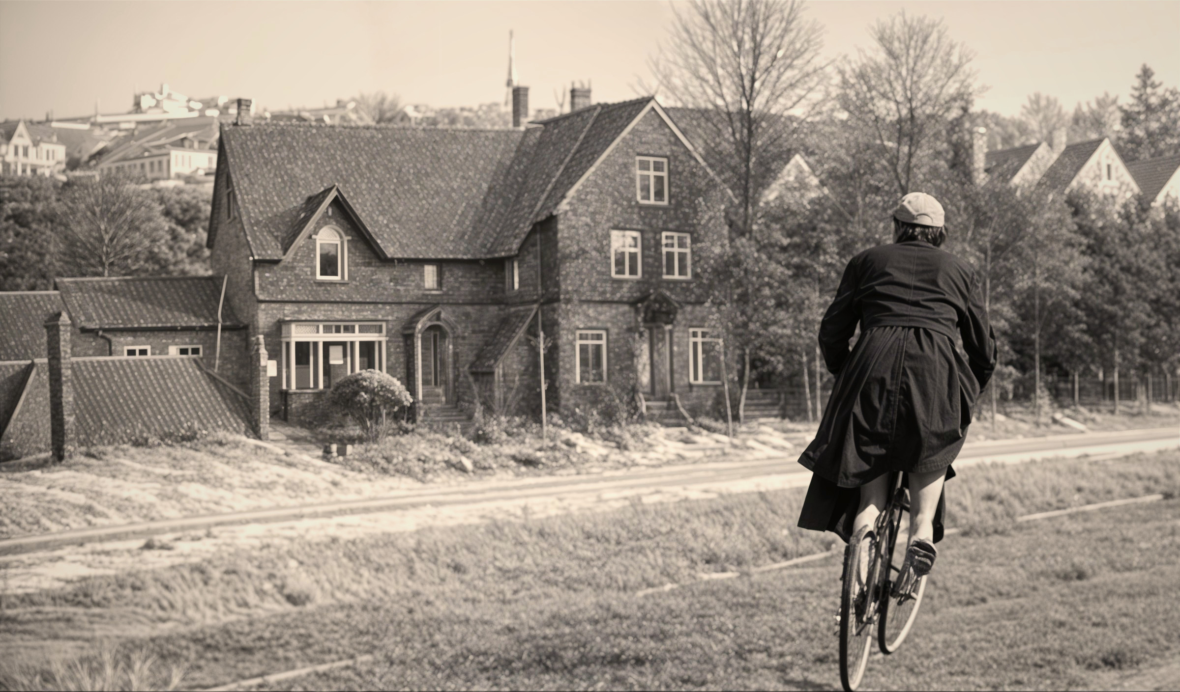 Cyclist on Scenic Path with Charming House Background