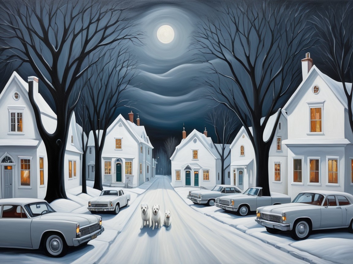 Winter Night Scene with Snowy Street and Dogs