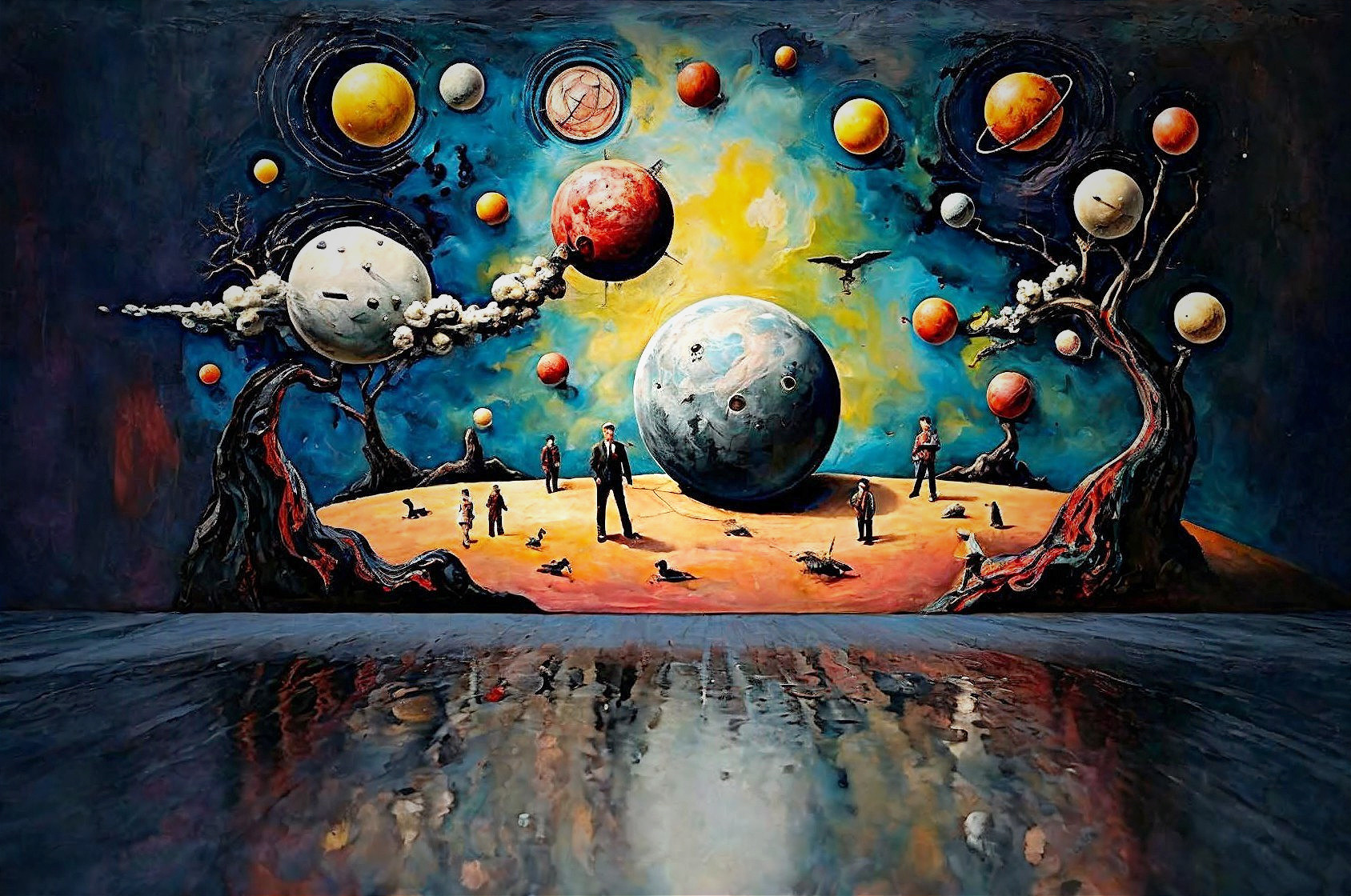 Vibrant Oil Painting of Dreamlike Landscape with Planets