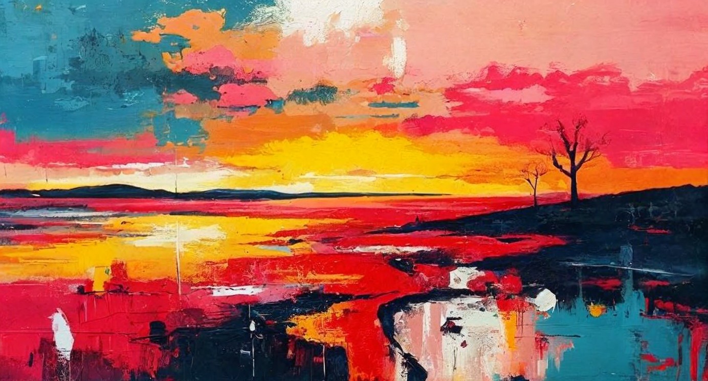 Vibrant Sunset Painting with Bold Colors and Reflections