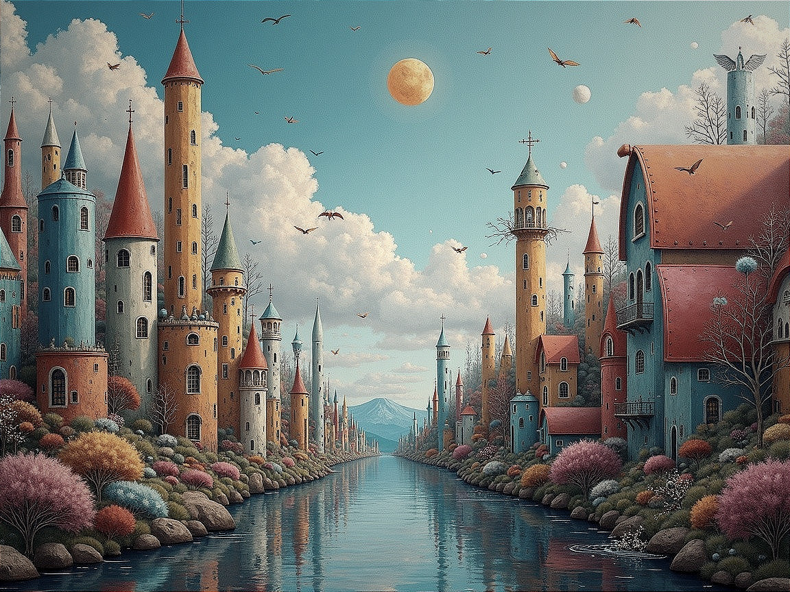 Whimsical Landscape with Castles and Serene River