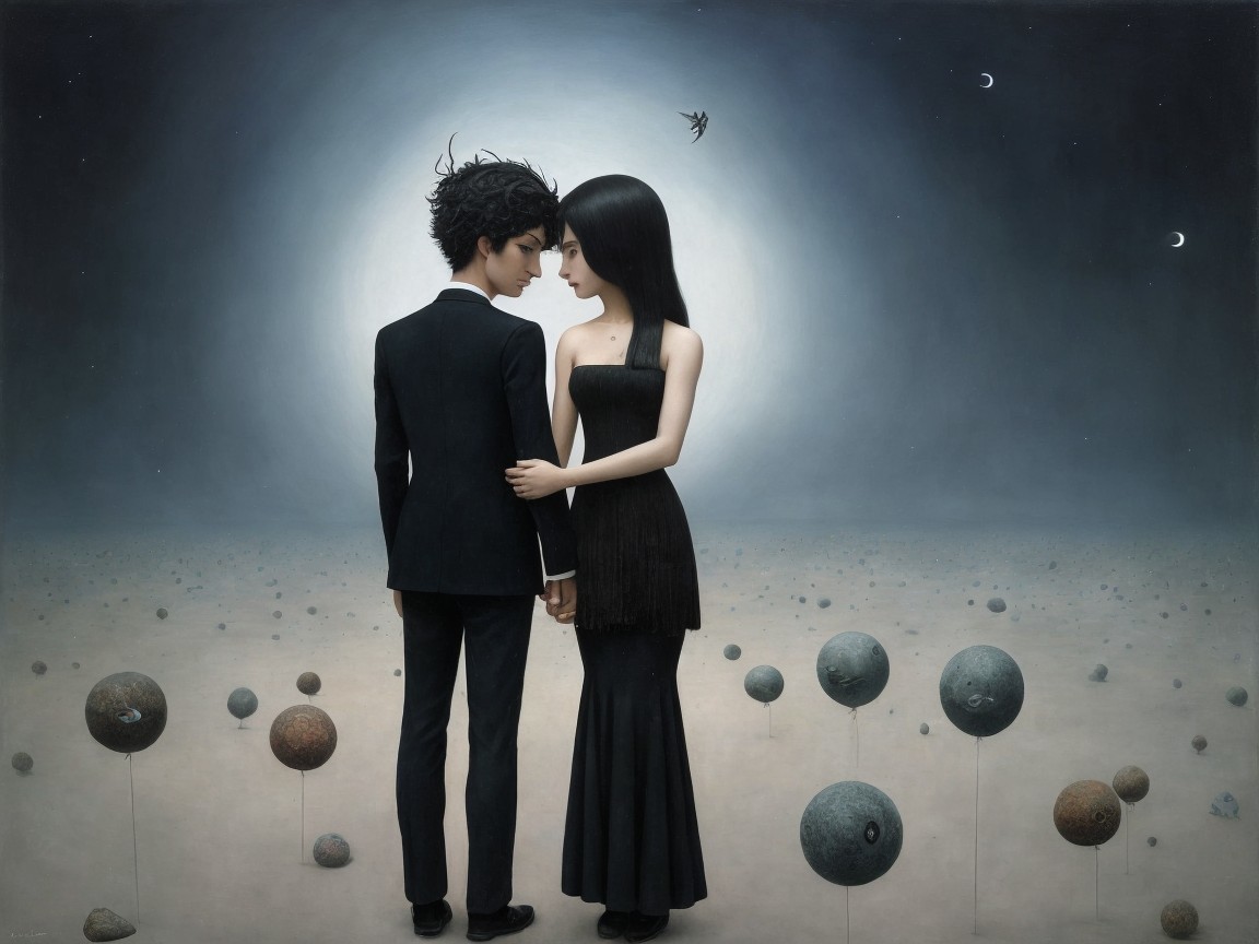 Surreal Couple in Celestial Landscape with Orbs