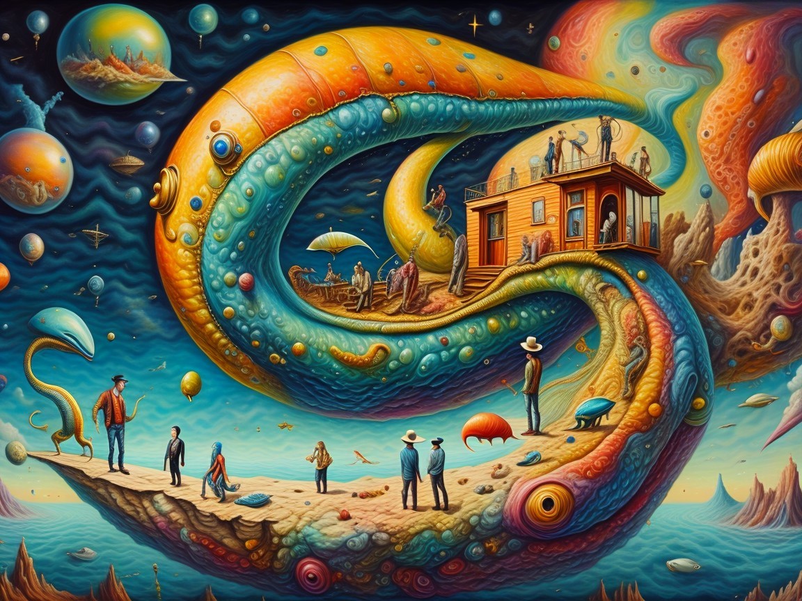 Surreal Landscape with Tentacle Structure and Whimsical House