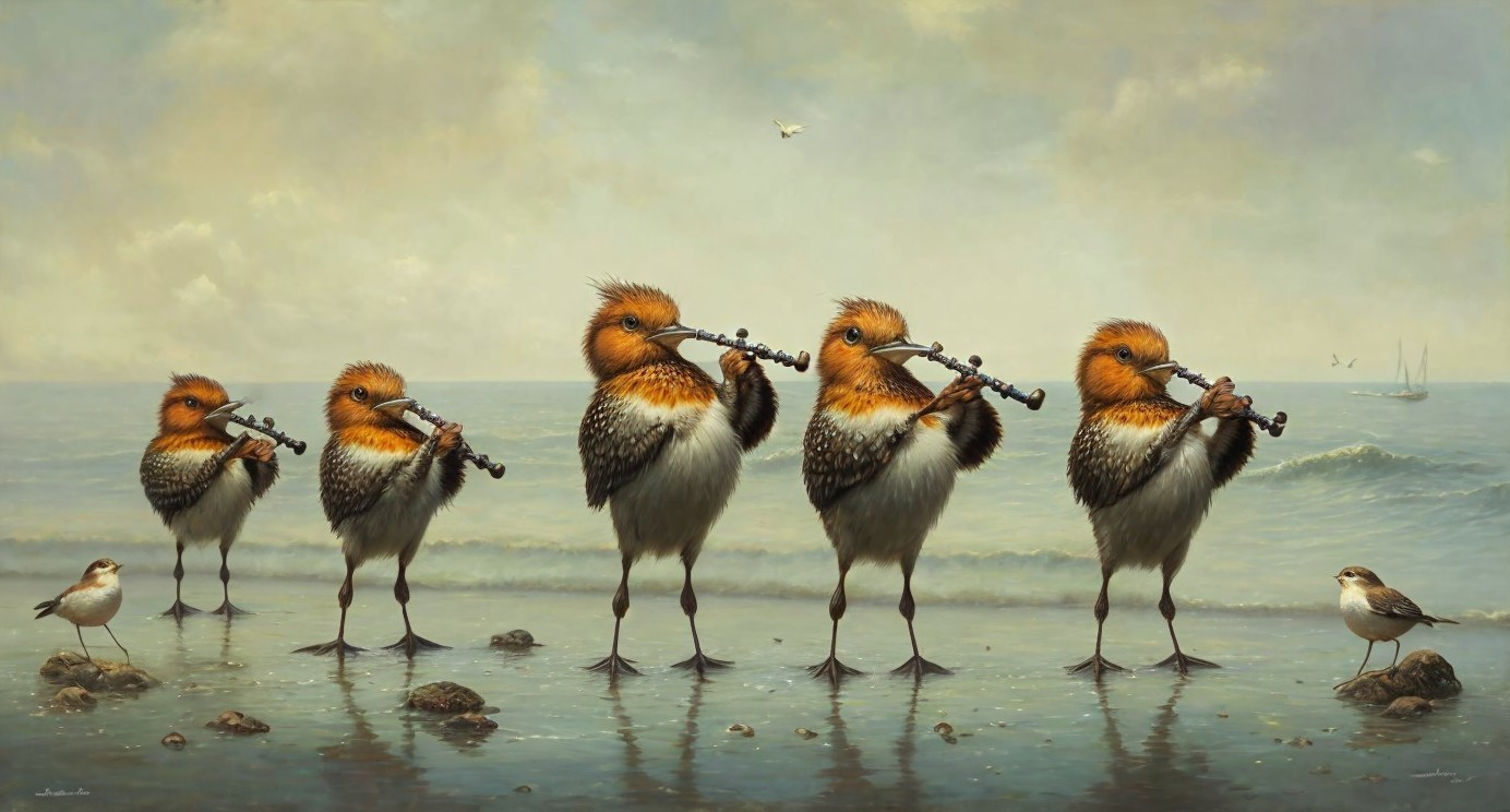 Five Shorebirds Playing Flutes on a Shoreline