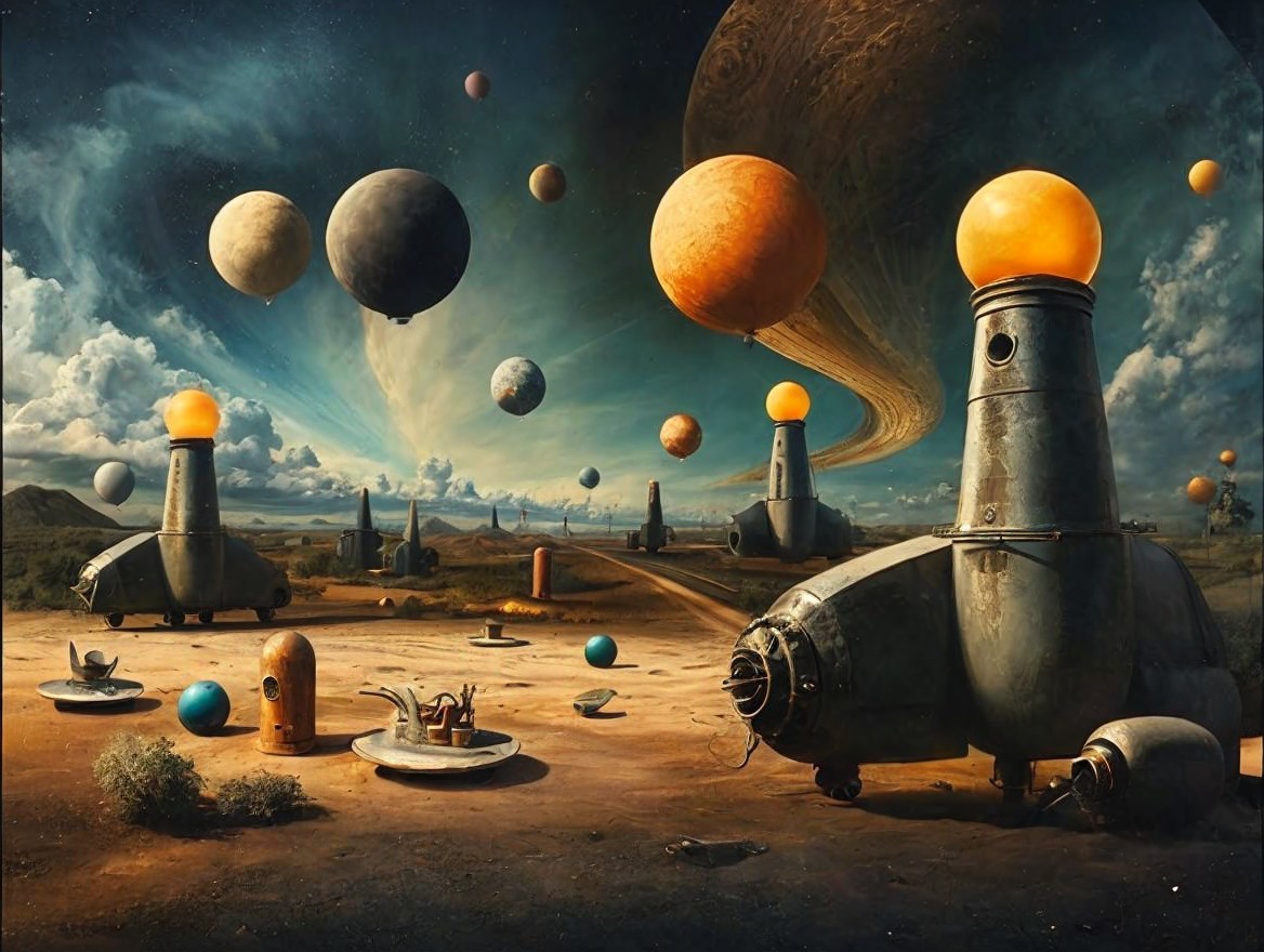 Surreal Landscape with Futuristic Rocket-Like Structures