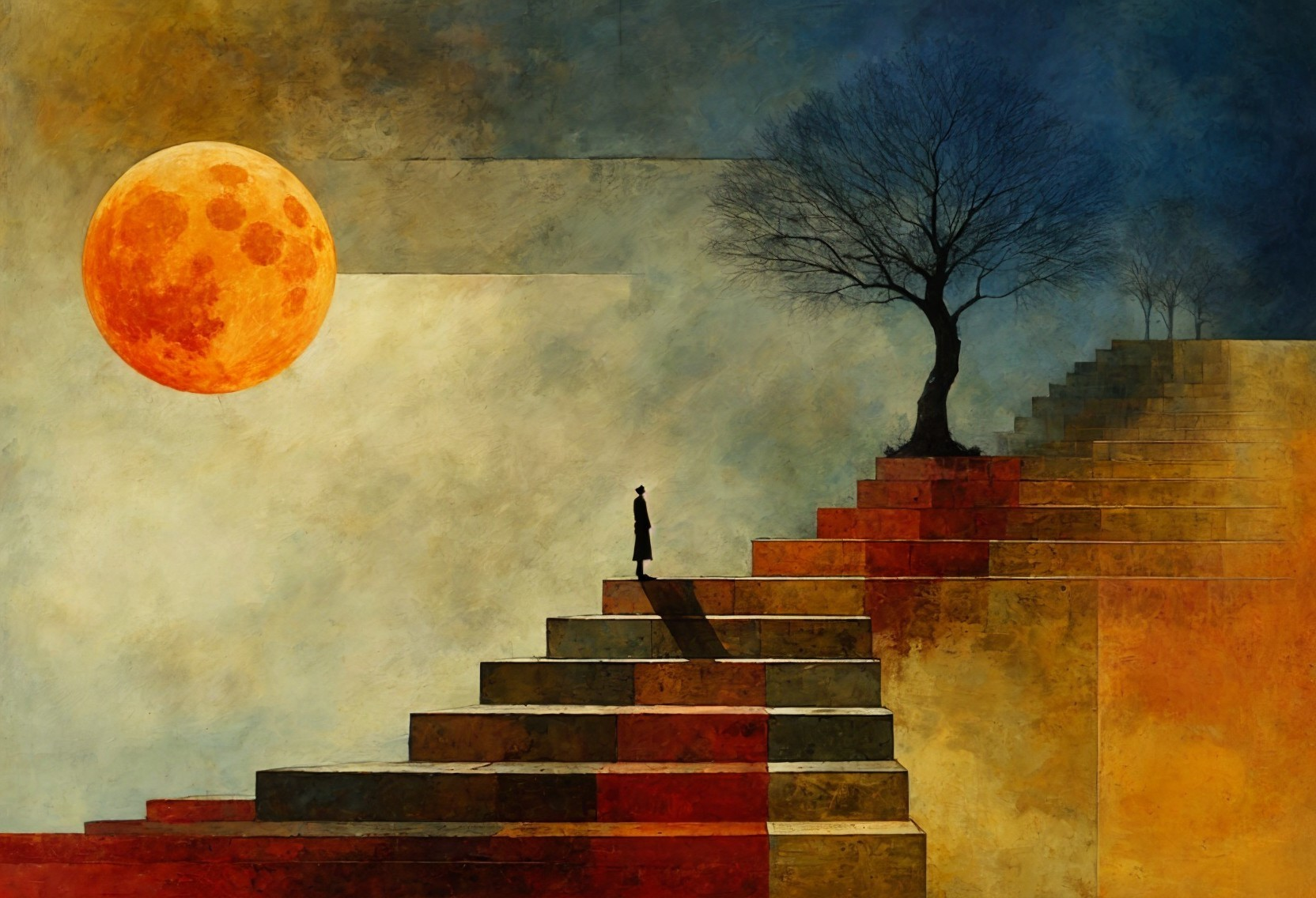 Solitary Figure on Colorful Steps Under Orange Moon