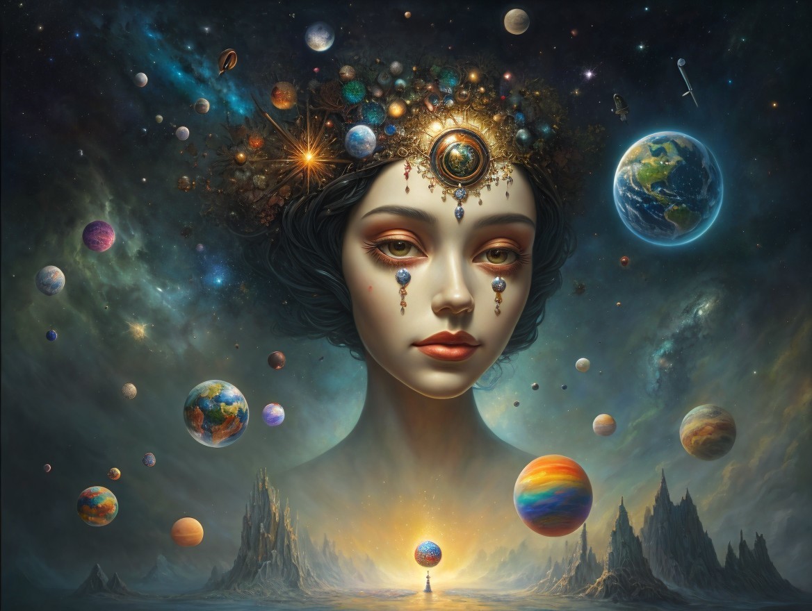 Cosmic Woman with Celestial Crown and Planets