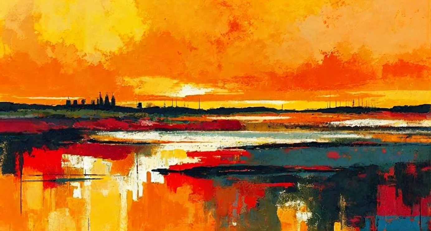 Vibrant Sunset Scene with Cityscape Silhouettes