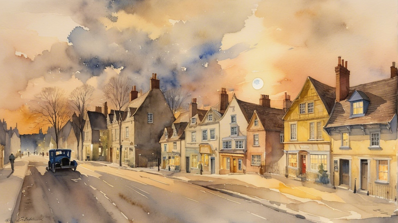 Watercolor Scene of Historic Street with Vintage Car