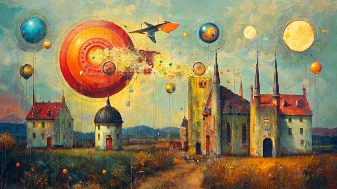 Surreal Landscape with Whimsical Buildings and Sky