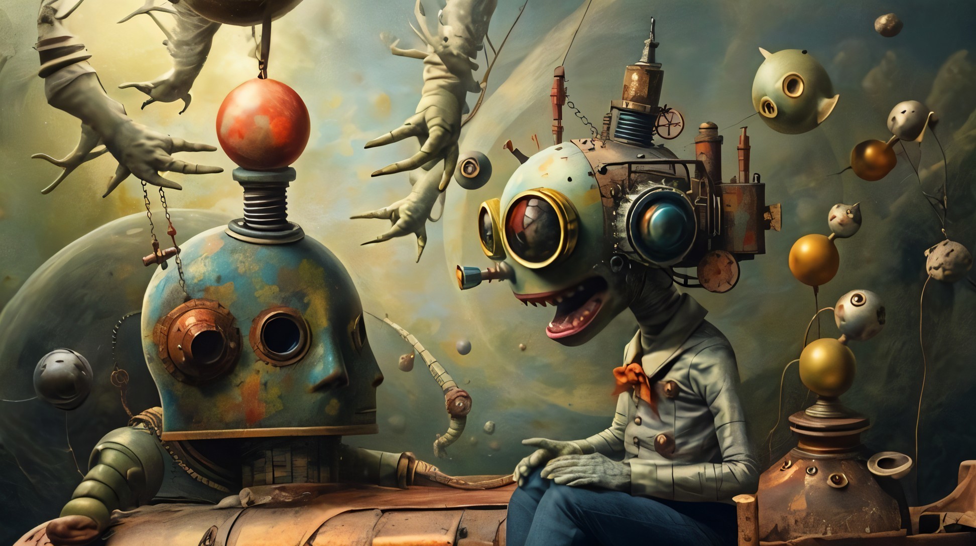 Surreal Scene with Mechanical Character and Robot Figure