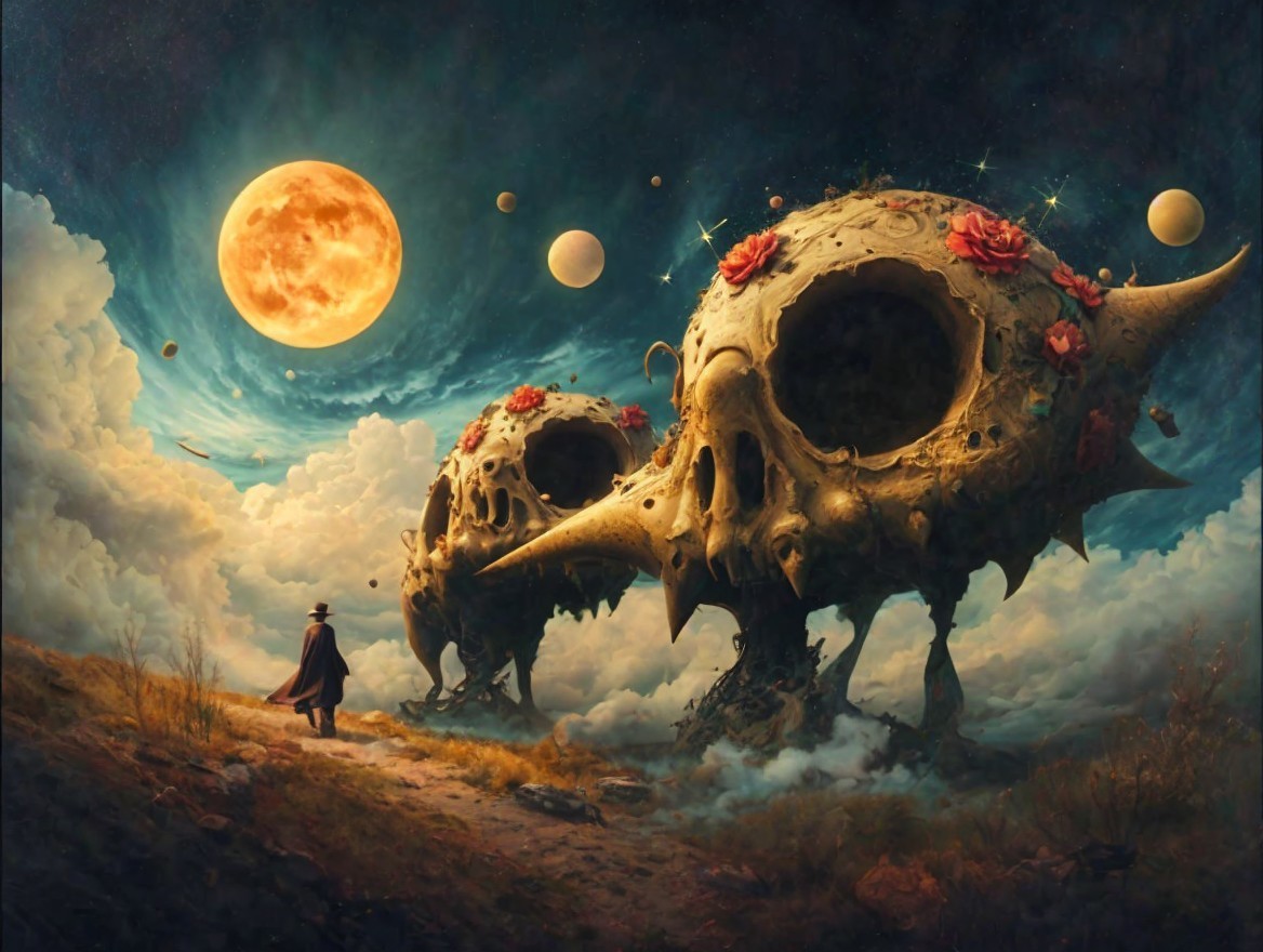 Surreal Landscape with Skull Structures and Moonlight