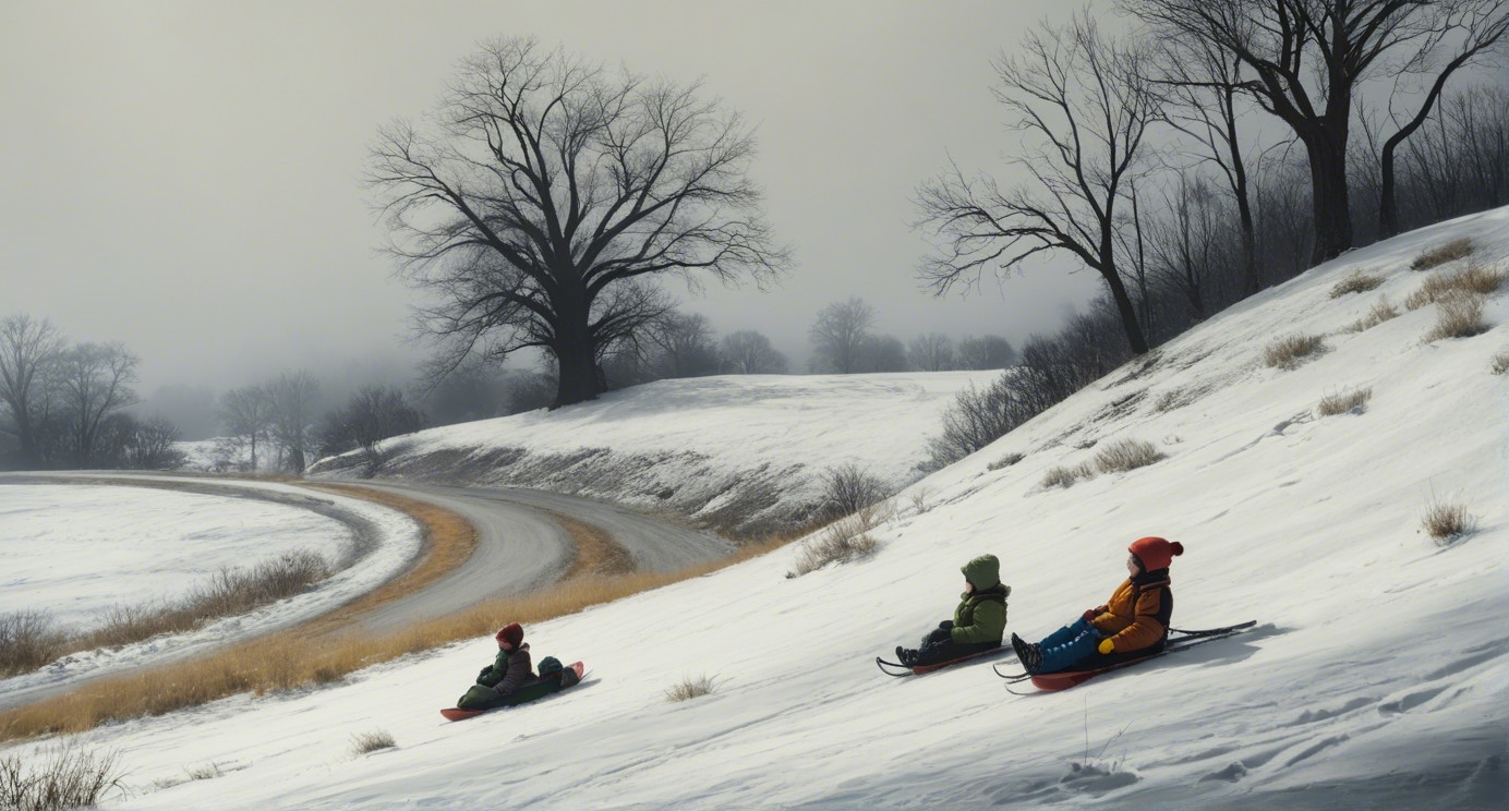 Children on sleds in a snowy winter landscape