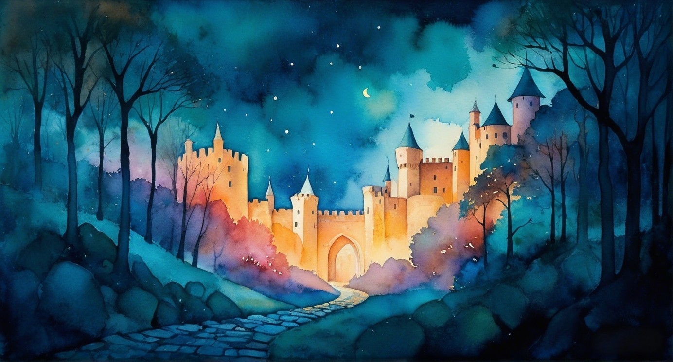 Watercolor Castle Scene Under Starlit Sky