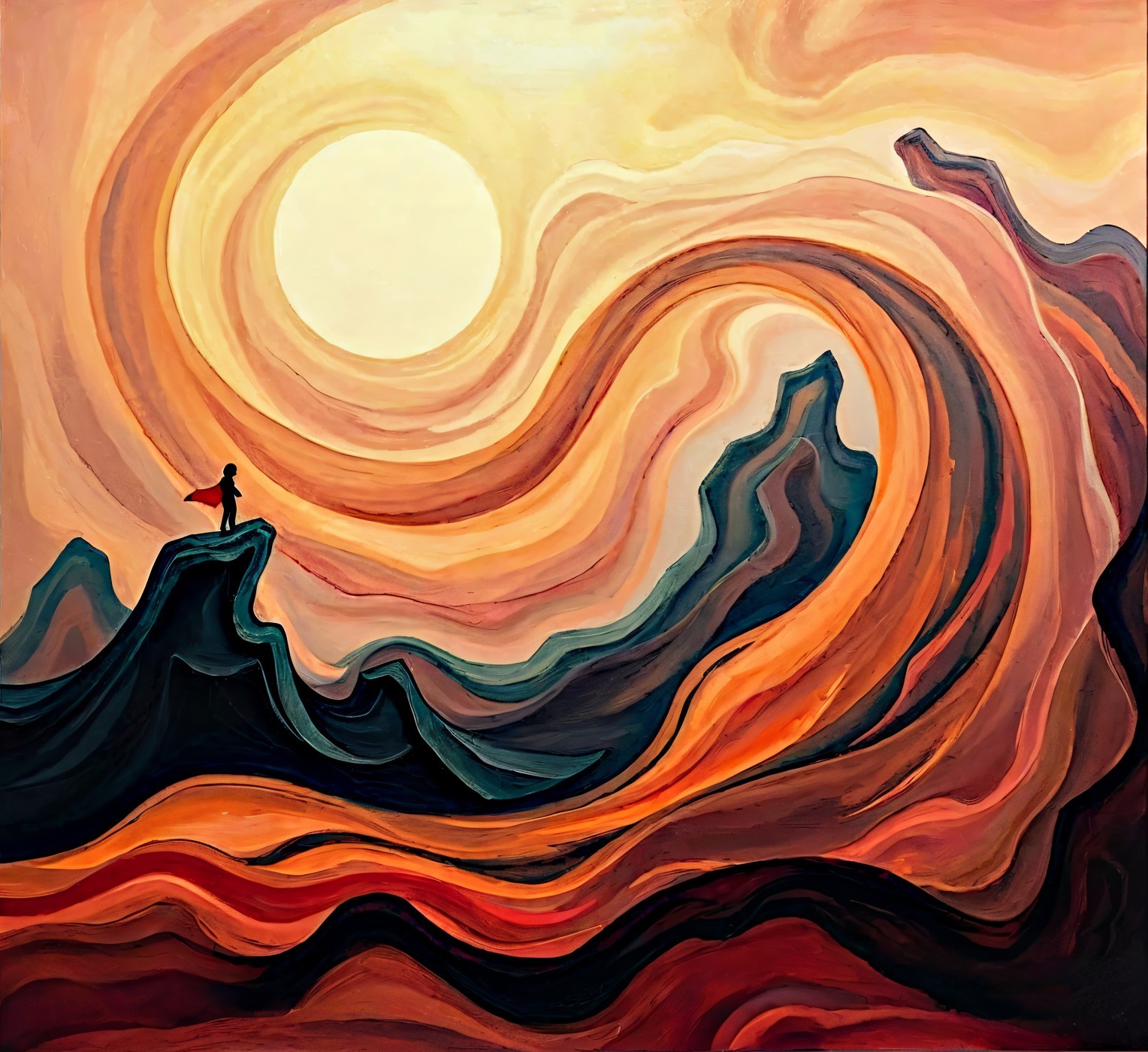 Lone Figure on Jagged Mountain at Dramatic Sunset