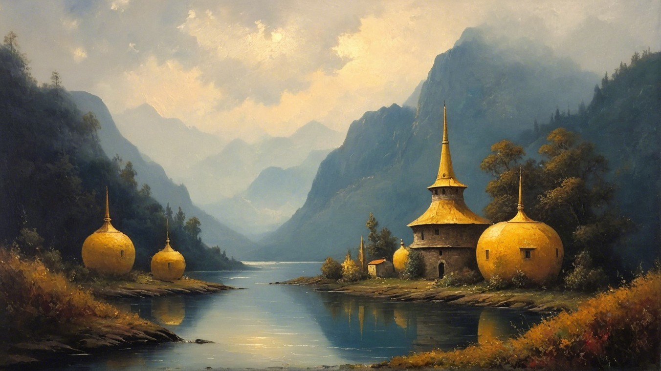 Serene landscape with a winding river and whimsical structures