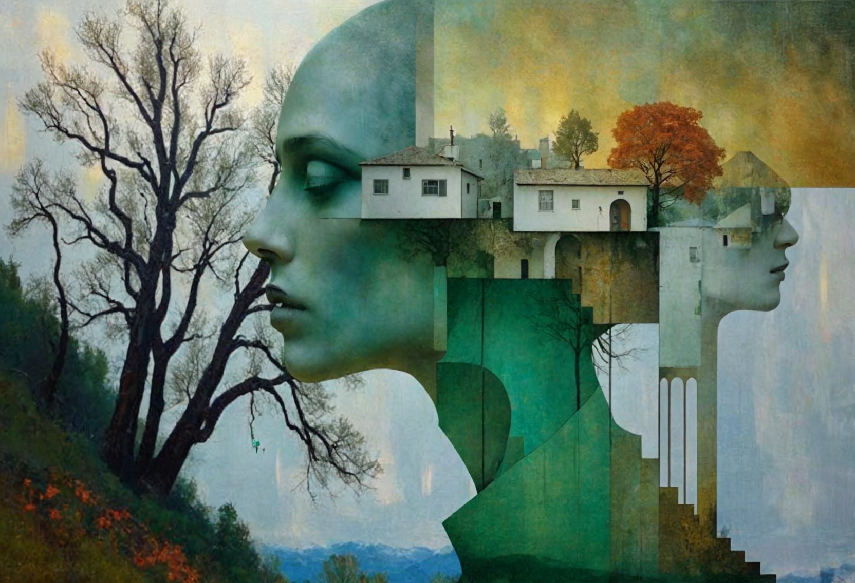 Surreal Landscape with Integrated Green Faces and Nature