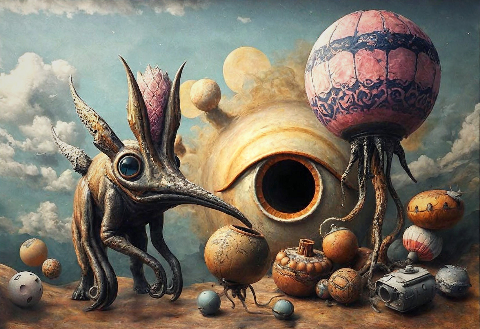 Surreal Artwork with Whimsical Creature and Fantasy Elements