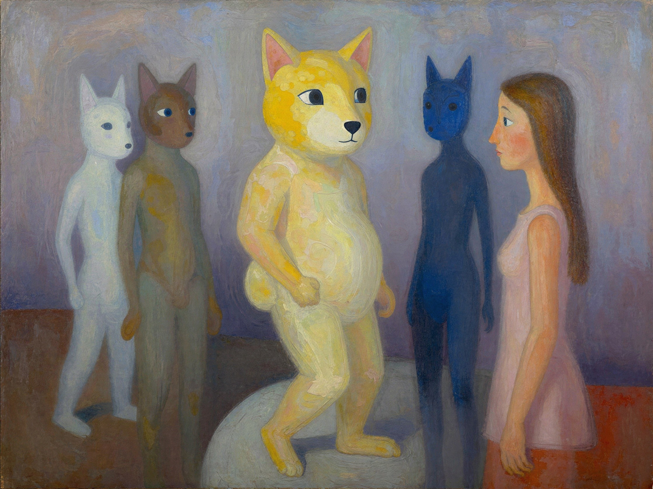 Oil Painting of a Young Woman and Dog on Pedestal