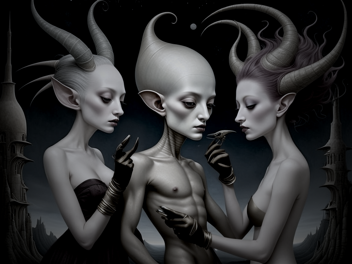 Otherworldly Figures in Cosmic Surrealism Scene
