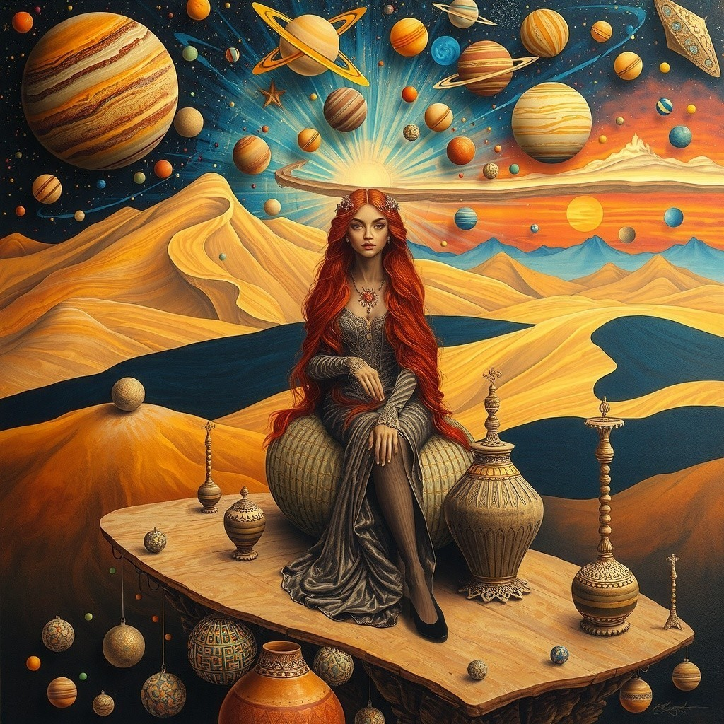 Cosmic Scene with Woman in Surreal Desert Landscape