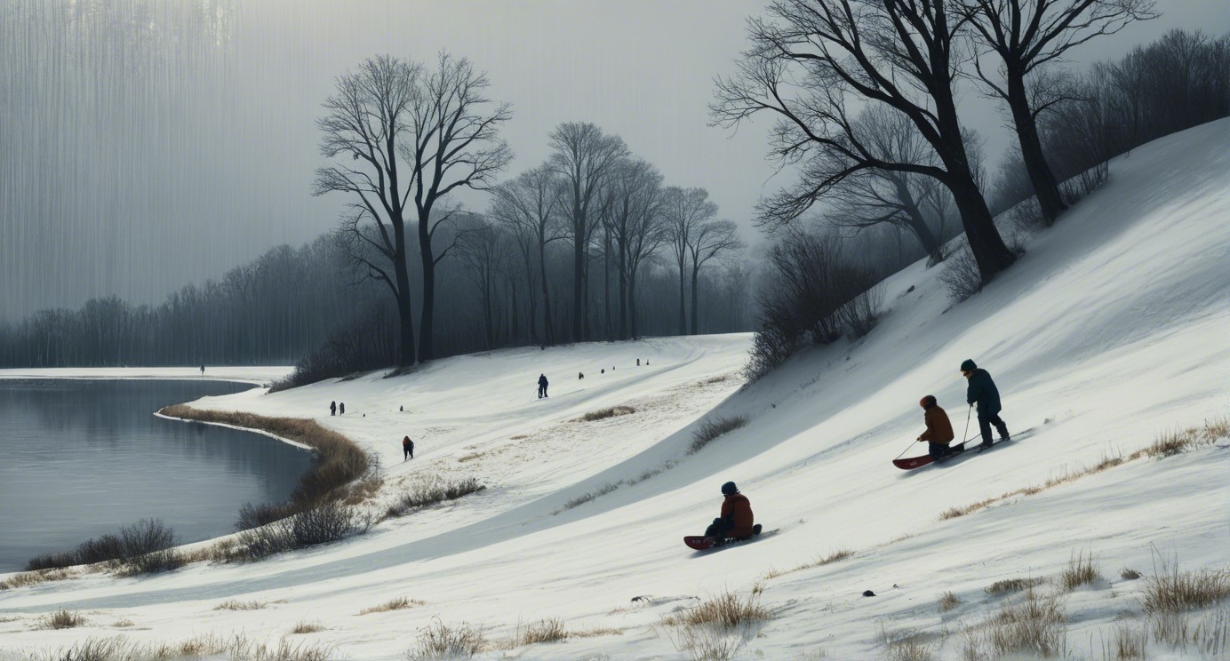Winter Landscape with Sledding and Calm River