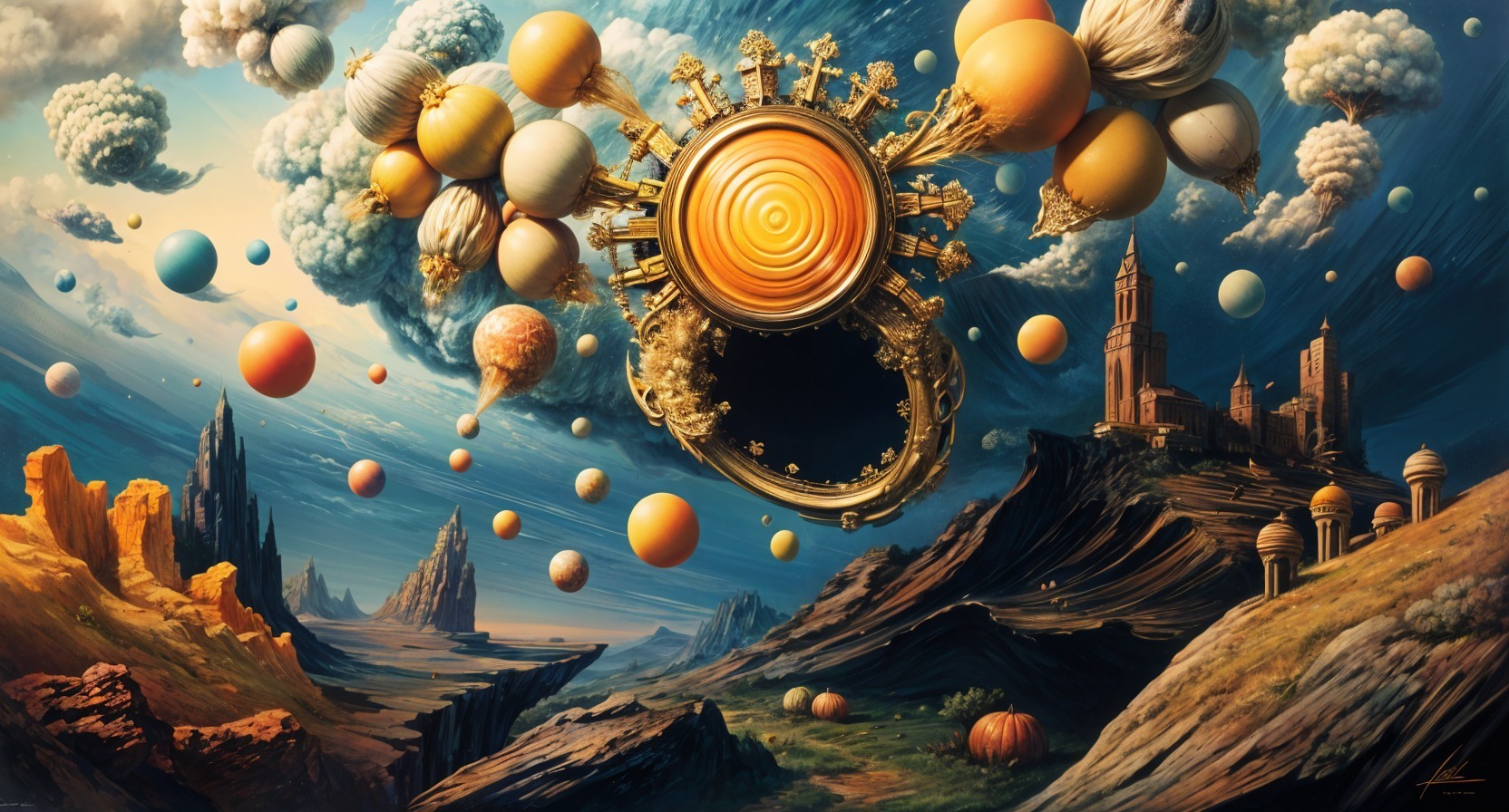 Surreal Landscape with Floating Planets and Vibrant Colors