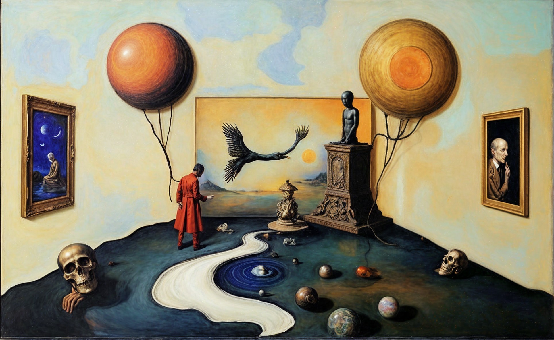 Surreal Landscape with Figure and Oversized Planets