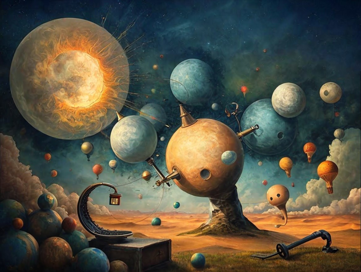 Surreal Landscape with Celestial Body and Planets