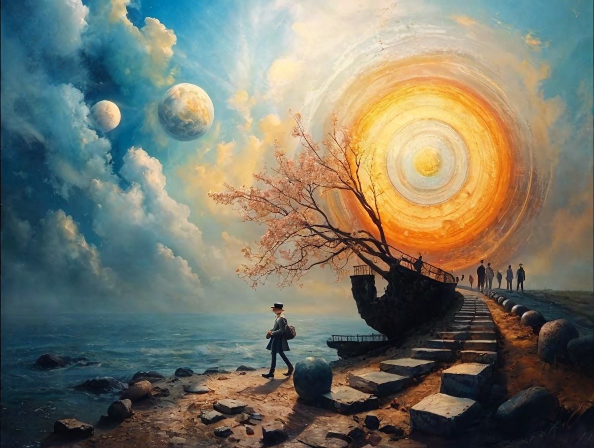 Fantastical Landscape with Celestial Elements and Pathway
