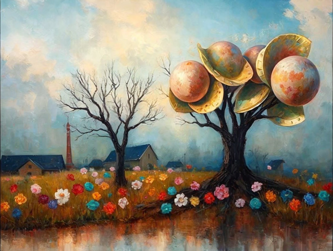 Surreal landscape with golden shell tree and flowers