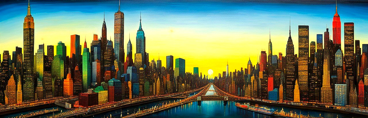 Vibrant City Skyline at Sunset with Reflections