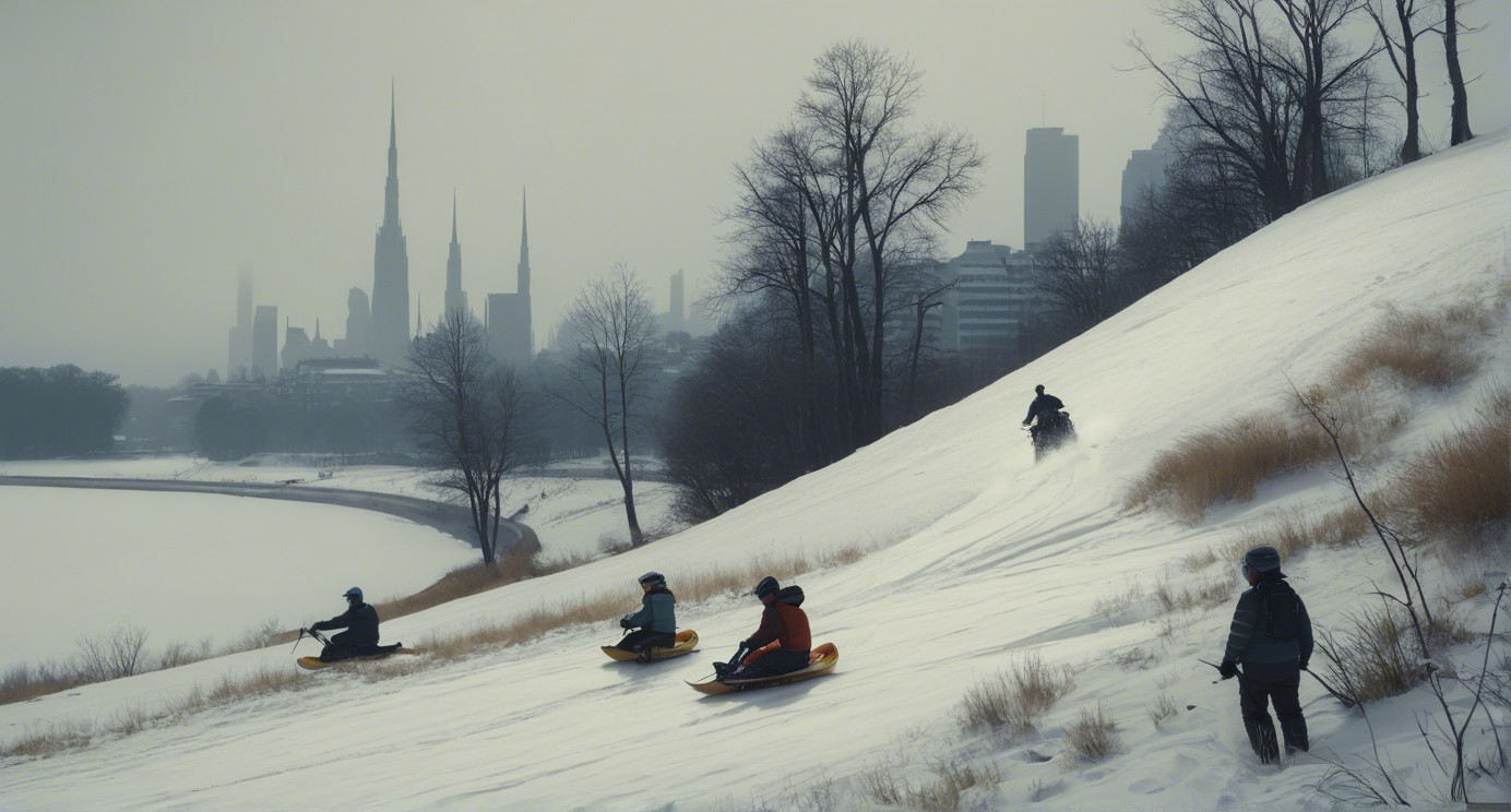 Winter Sledding Scene with Skyscrapers and Mist
