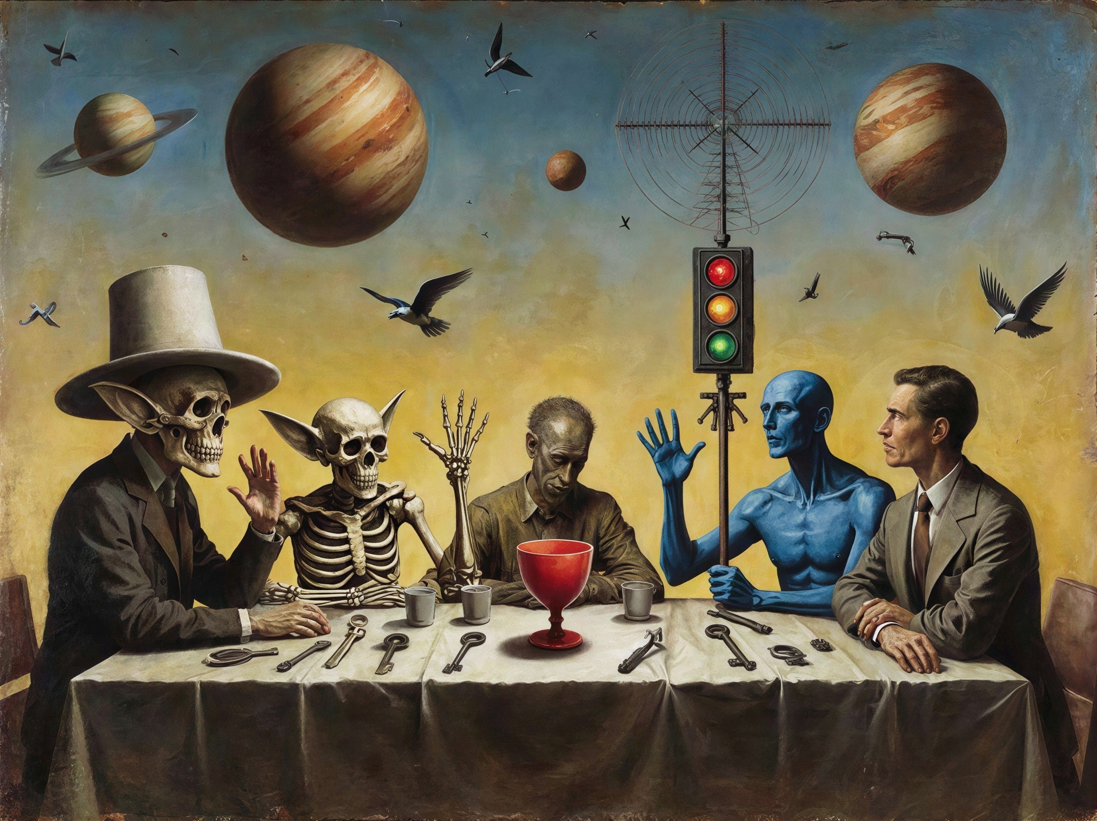 Surreal Dinner Scene with Skeletons and Alien Figures