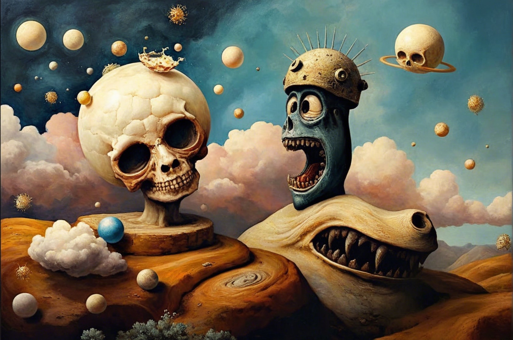 Surreal Landscape with Blue Creature and Celestial Orbs