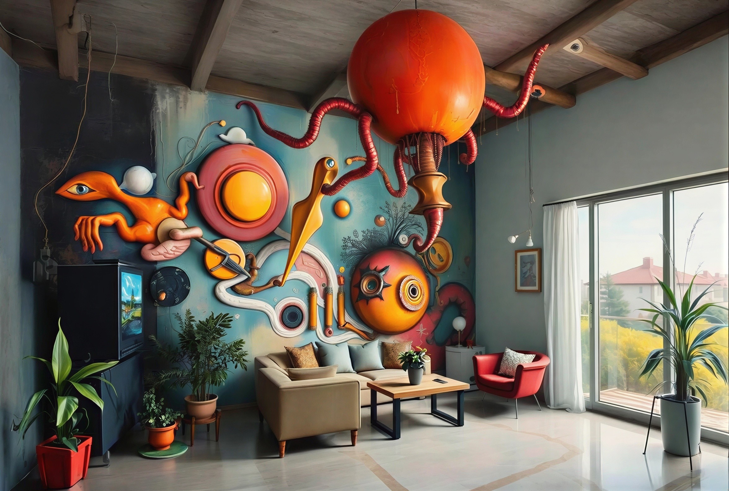 Vibrant Living Room with Surreal Mural and Stylish Decor