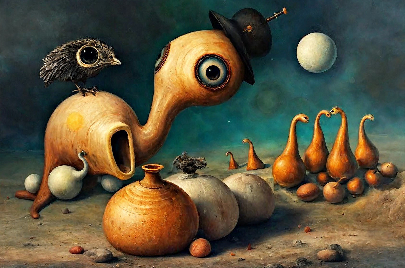 Surreal Scene with Whimsical Figures and Objects